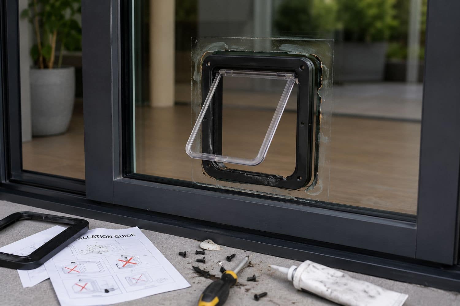 cat flap wrong installed in glass door