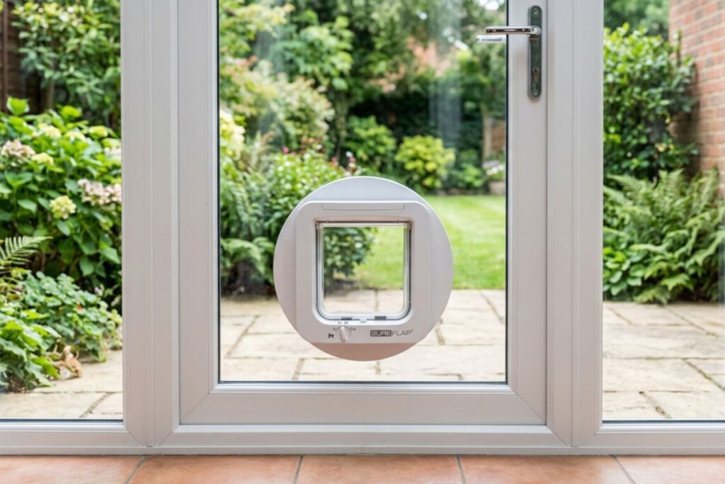glass door with cat flap