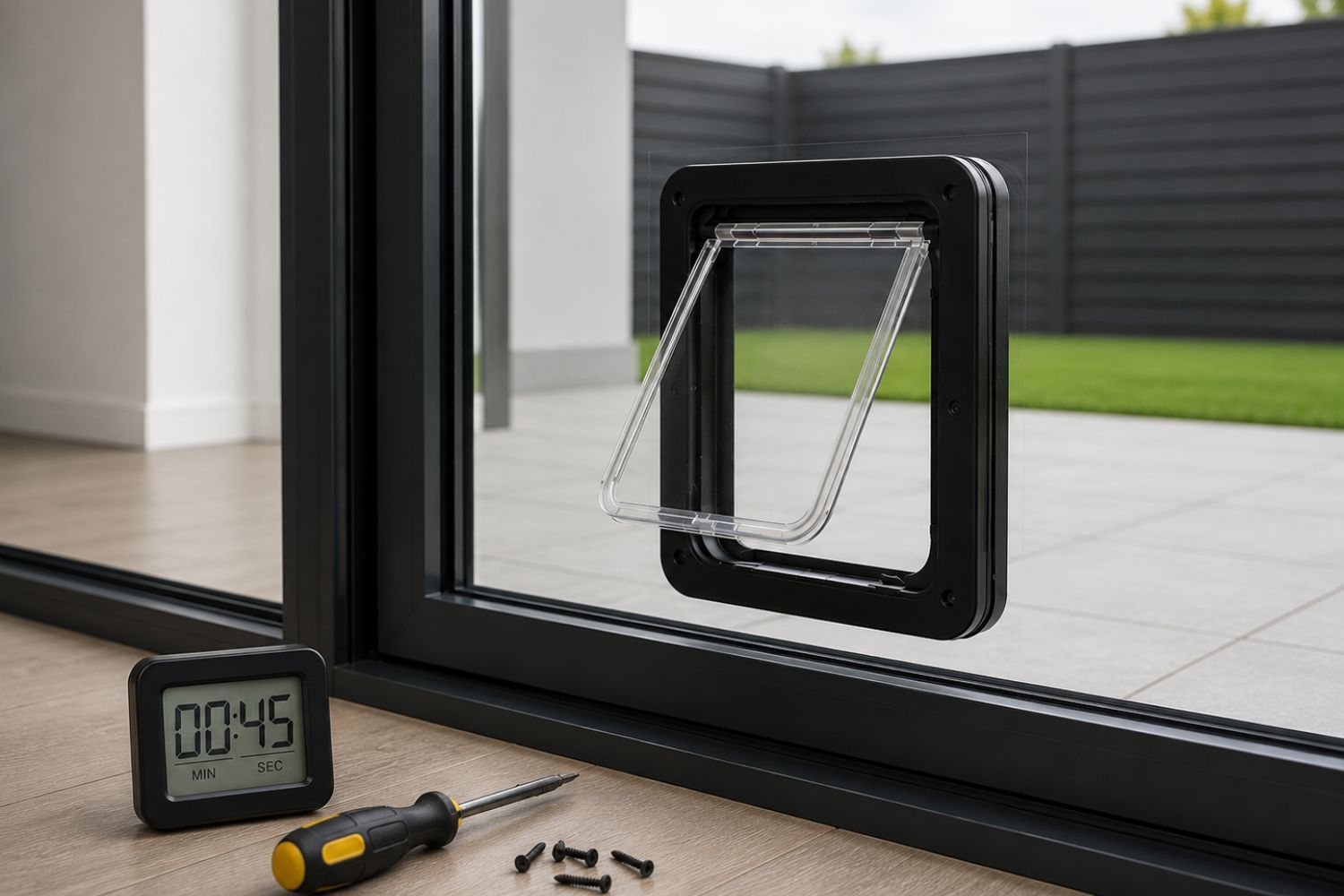 cat flap installed in glass door