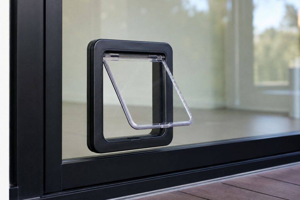 cat flap installed and open in glass door