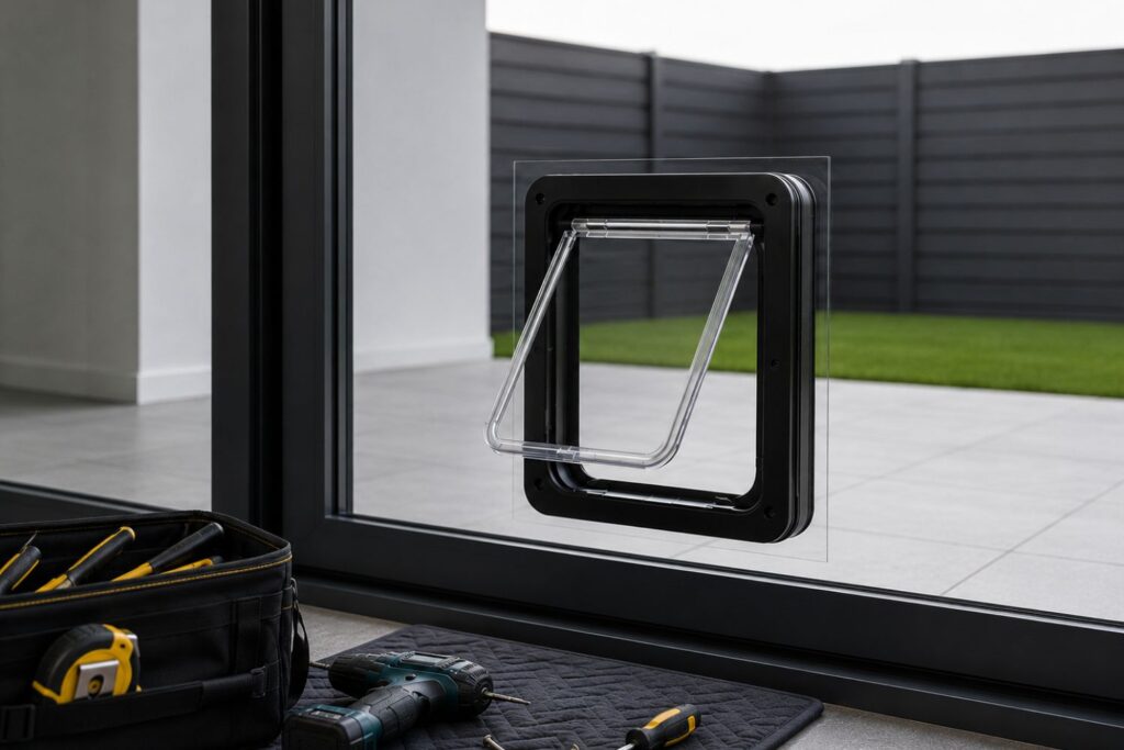 can flap installed in glass door