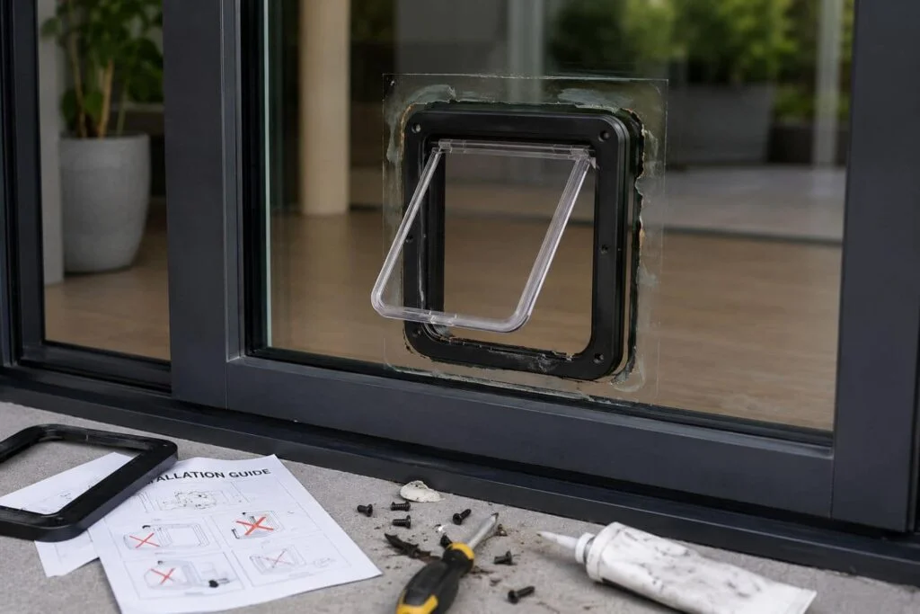 cat flap wrong installed in glass door